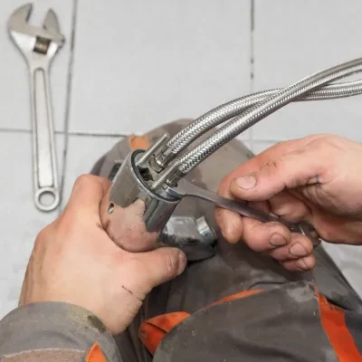 Plumber adjusting pipe fitting